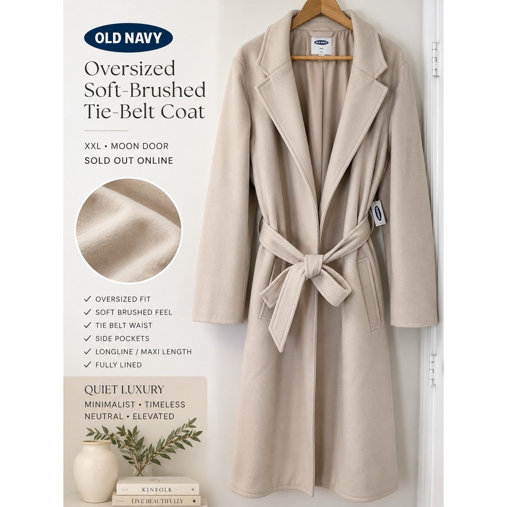 Old Navy Oversized Soft Brushed Tie Belt‎ Coat XXL Quiet Luxury Beige Longline